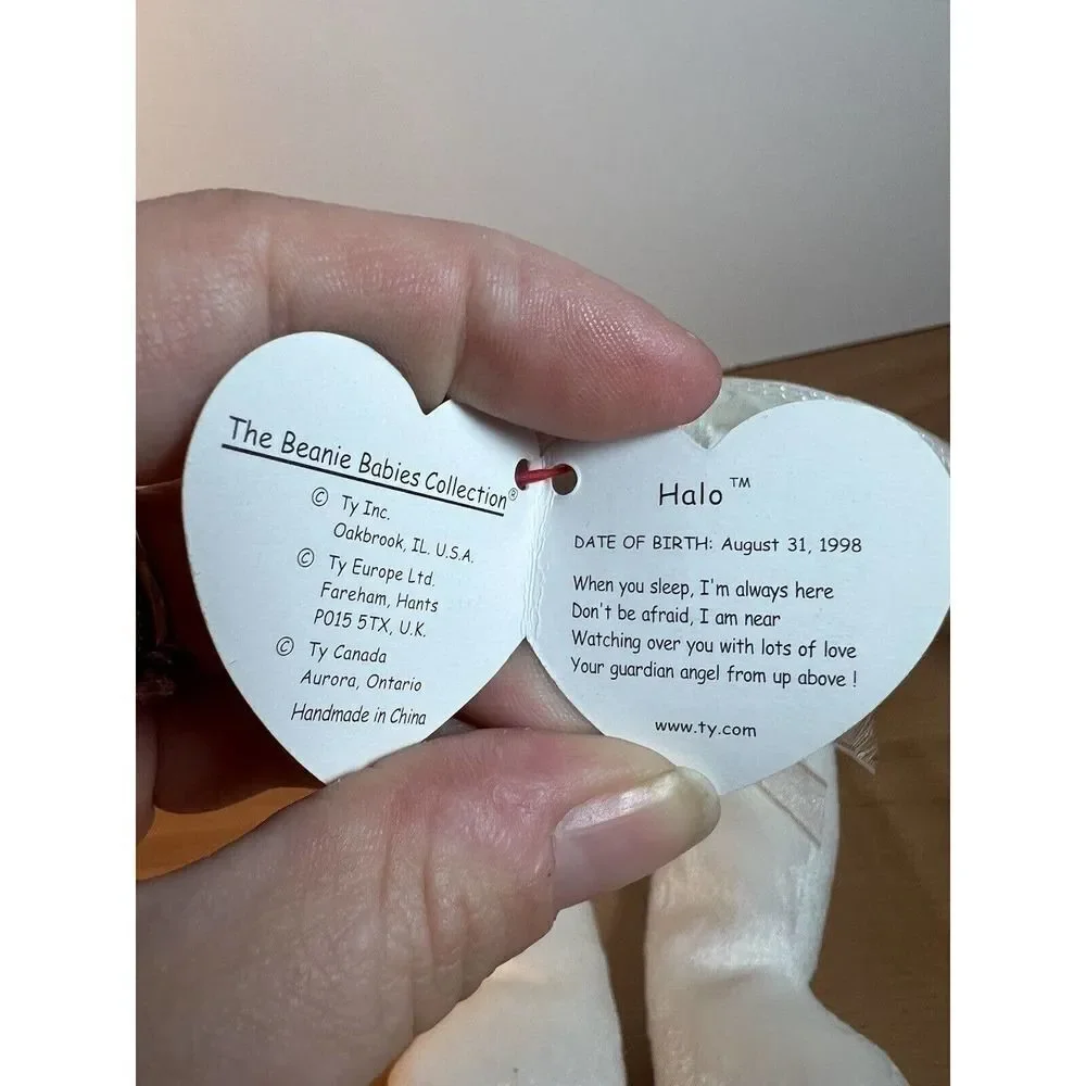 Retired Ty Beanie Babies Halo the Angel Bear Toy With Brown Nose, 1998